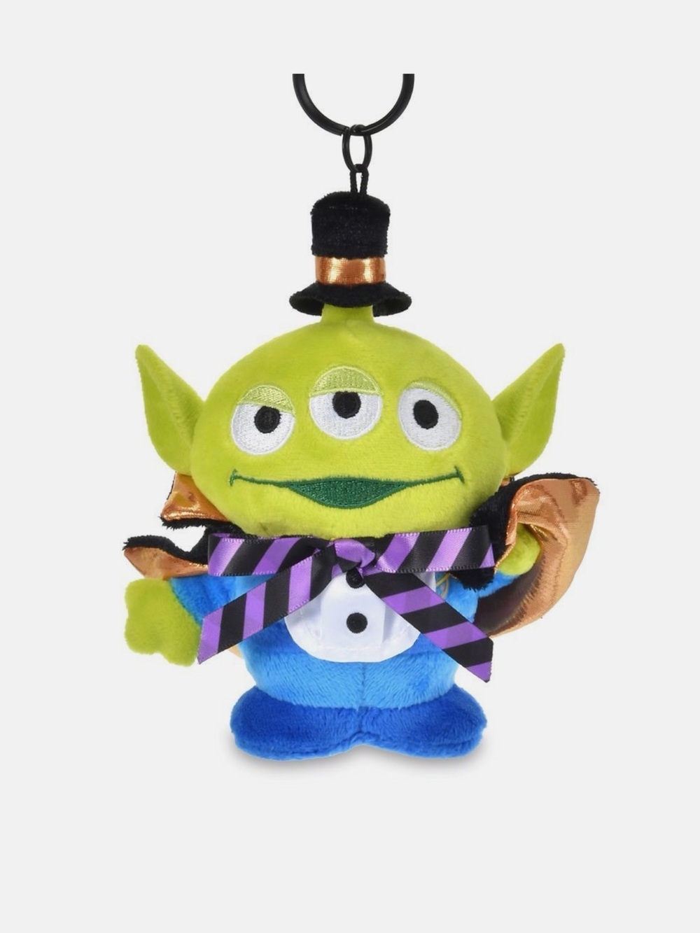 Disney Lime Green Alien Plush Keychain with Blue Outfit and Purple-Striped Bow
